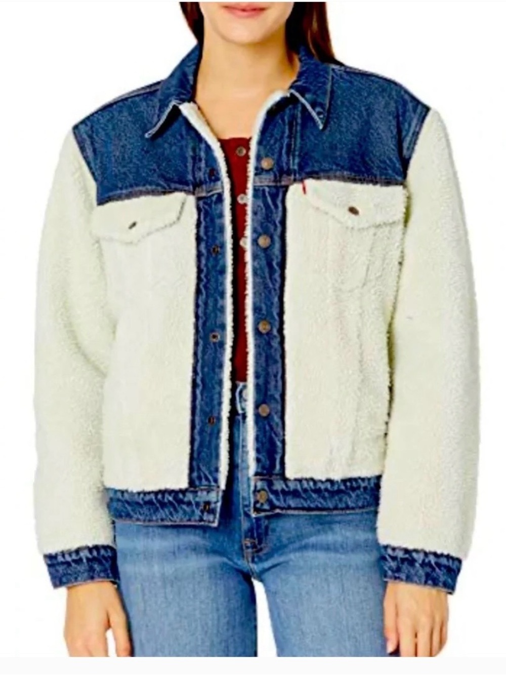 Levi’s Sherpa Denim Trucker Jacket Cream Blue Size S